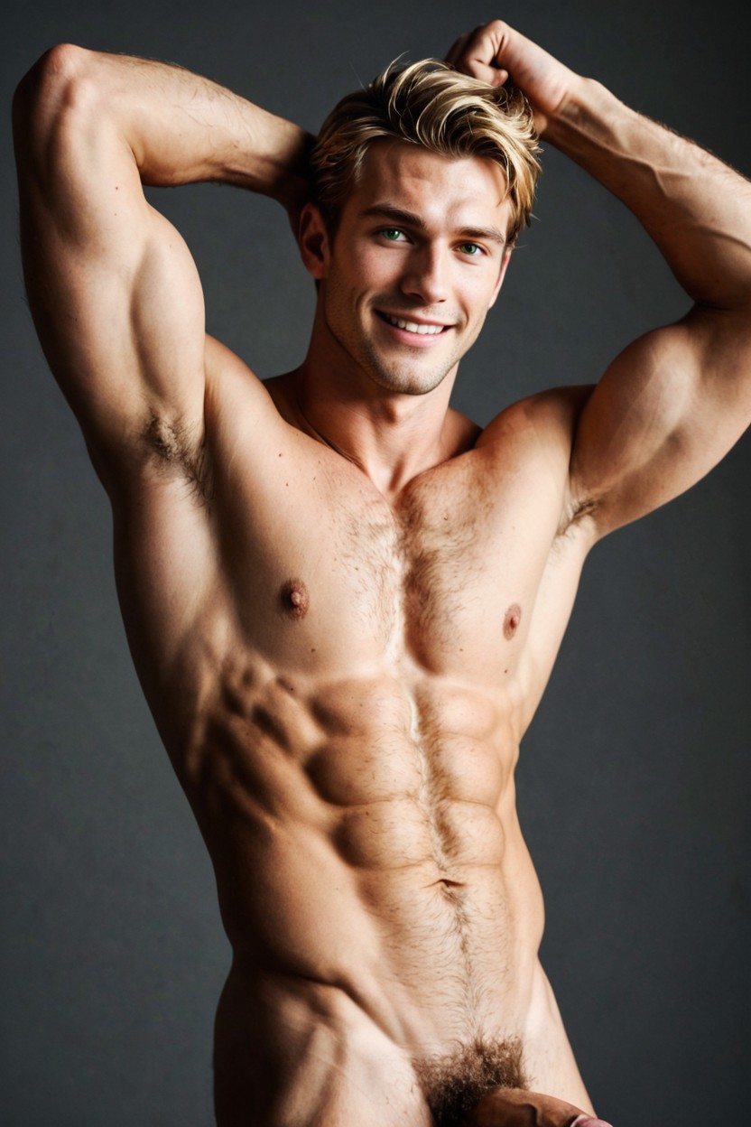 bringing arms down and dancing swaying his hips