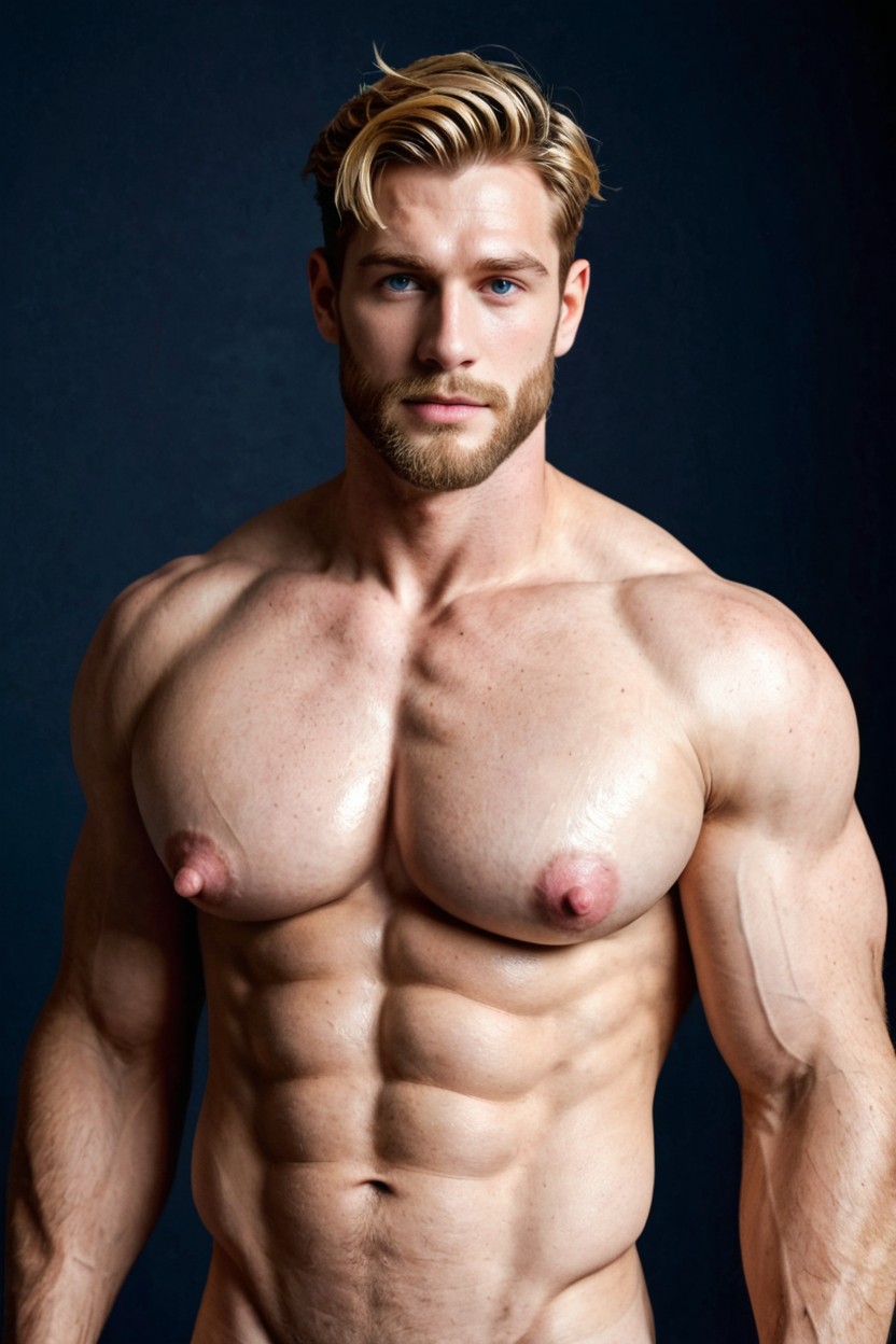 a handsome pale naked muscular man with light blue eyes, big pecs and pink ni…