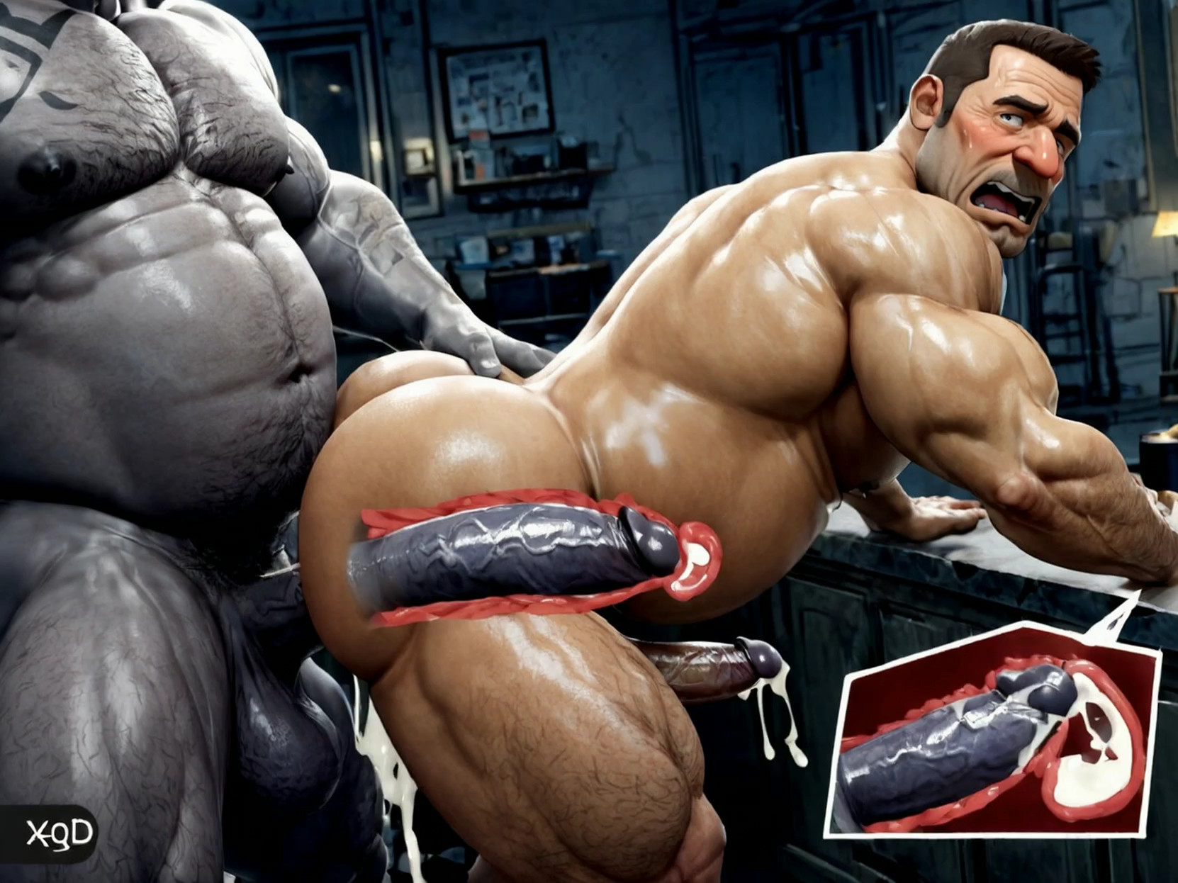 the man on the left is having doggy style sex with the man on the right, wet …