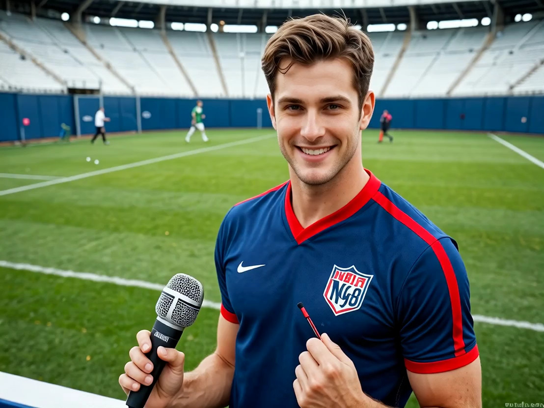 Reporter speaks into microphone talking in a low but excited voice, he is spe…