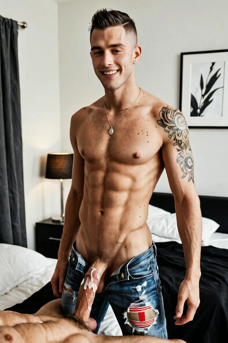 18+ man, college freshman man, wearing ripped white jeans and red and black N…