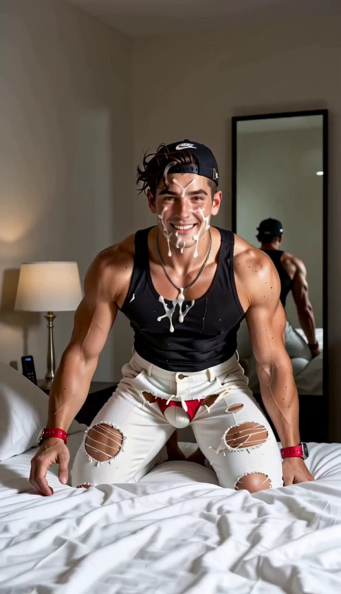 Crawls towards viewer’s very large sized cock, his jeans disappear while he c…