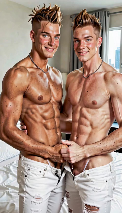 2 men, 18+ man, college, both are wearing very shredded white jeans that are …