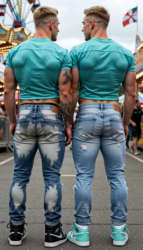 2 men, 18+ men are standing facing away from the viewer, with tight acid wash…