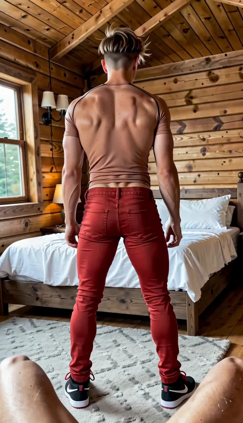 18+ man is standing facing away from the viewer, with tight very ripped red j…