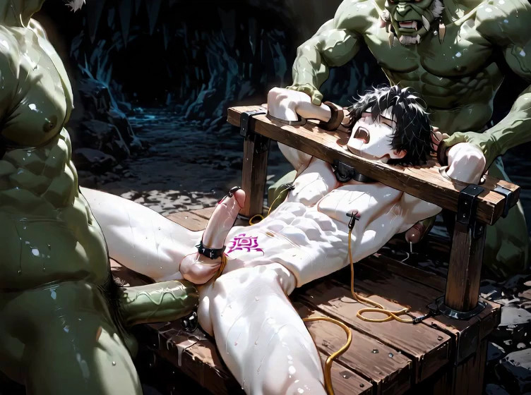 A goblin fucks a human. The human keeps their eyes tightly shut, straining to…
