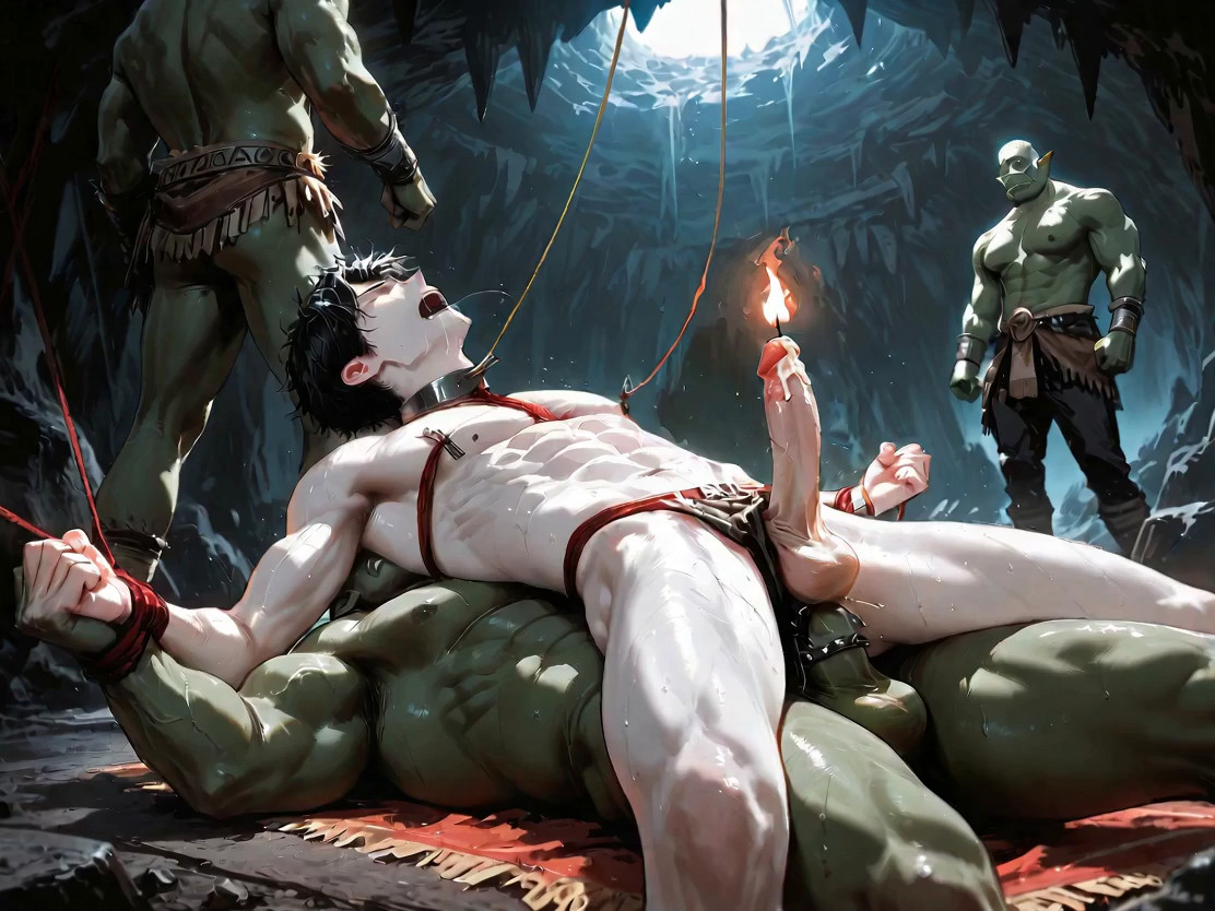 Orc fucks human hard. Human penis candle torch sways. The orc covers the huma…