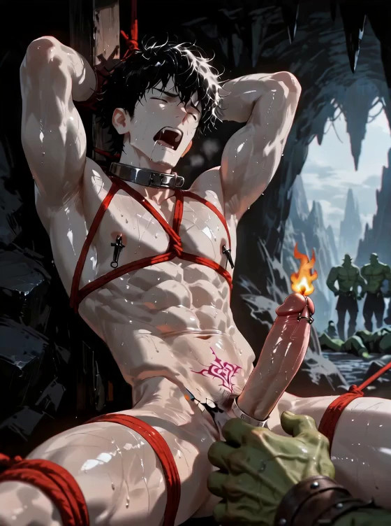 The orc holds the human penis from the front of the human. Hold the penis bal…