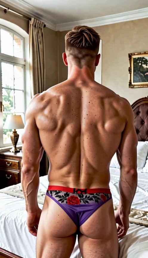 18+ man is standing facing away from the viewer, he has blonde spiked hair, a…
