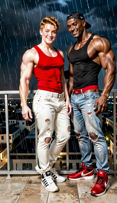 They are both facing the same direction, the black man is behind the ginger k…