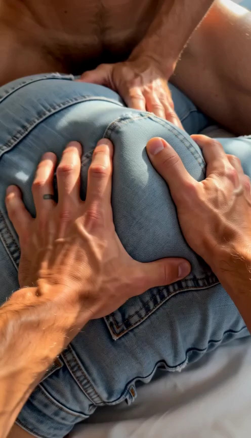 One latino man is shirtless in tight ripped light blue jeans, red underwear w…
