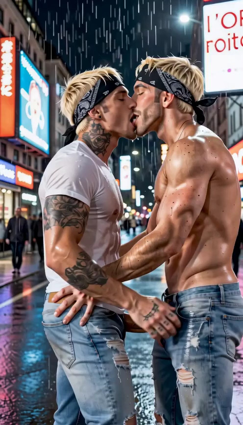 2 grunge punk emo blonde men are making out aggressively while standing… they…