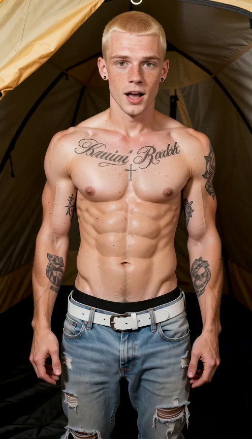 An 18+ blonde with freckles, buzzed hair, green eyes, wearing ripped light bl…