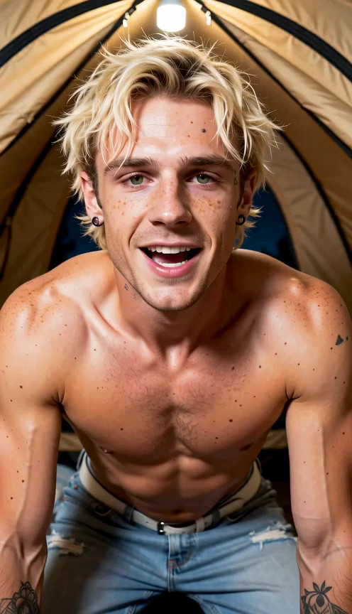 An 18+ blonde with freckles, messy hair, green eyes, wearing ripped light blu…