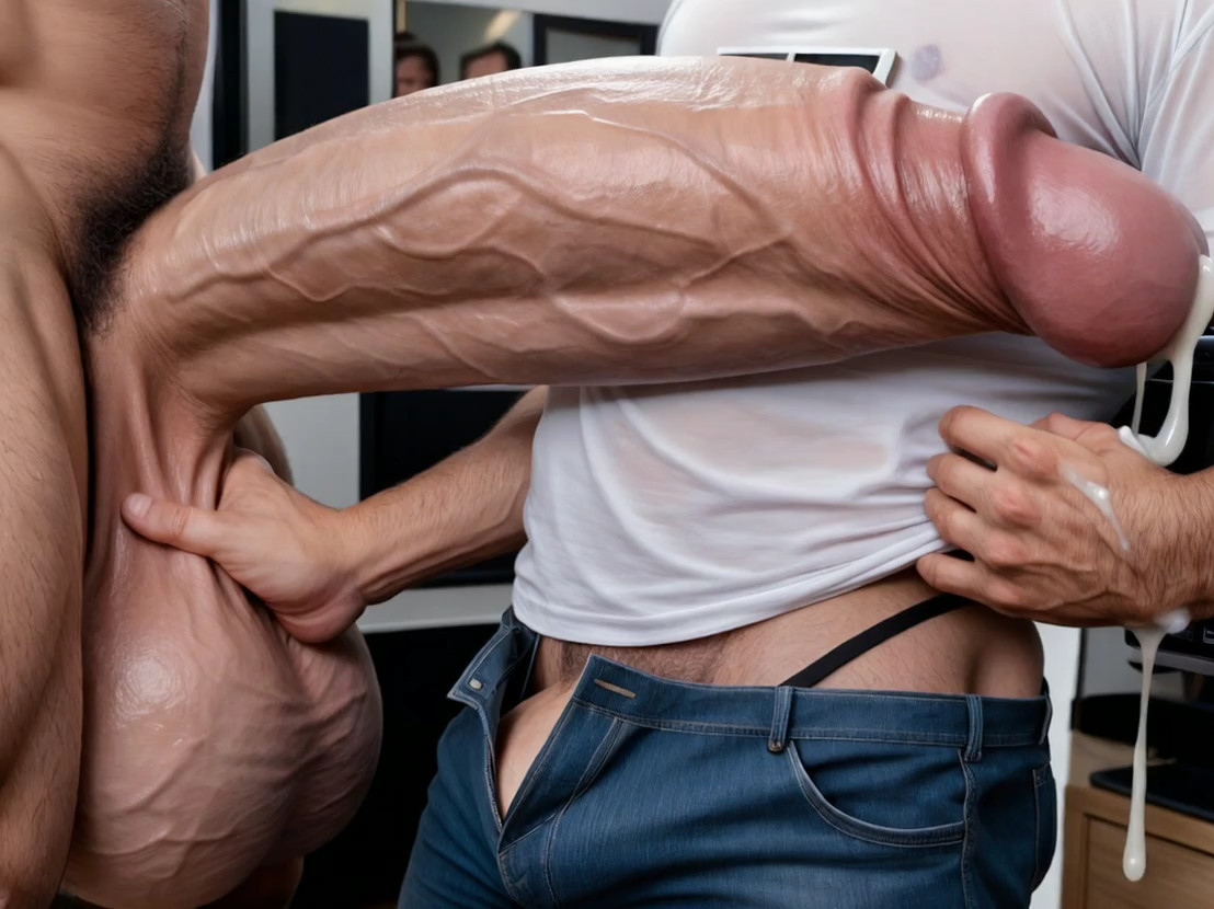 (heavy breathing while clear precum drips out, holding cock with both hands, …