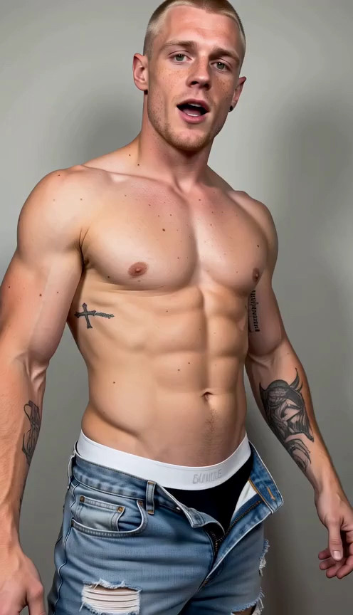 An 18+ blonde with freckles, buzzed hair, green eyes, wearing ripped light bl…
