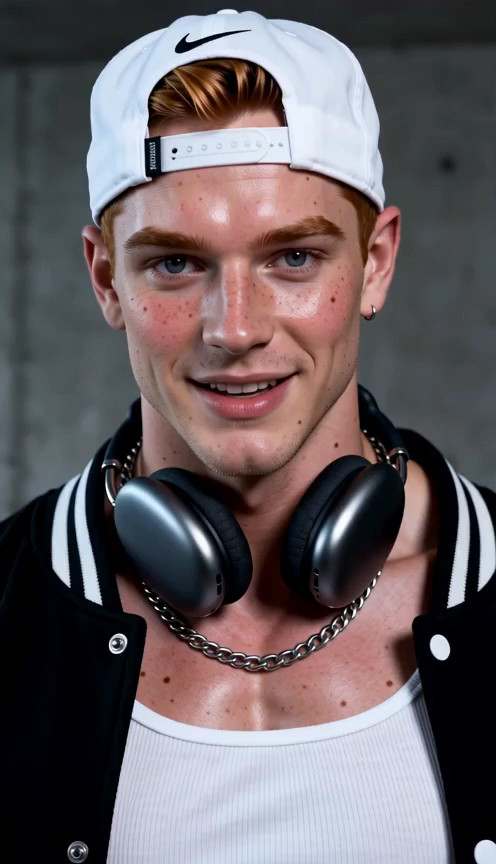 18+ man, ginger, white Nike hat on backwards, strong jaw line with facial hai…