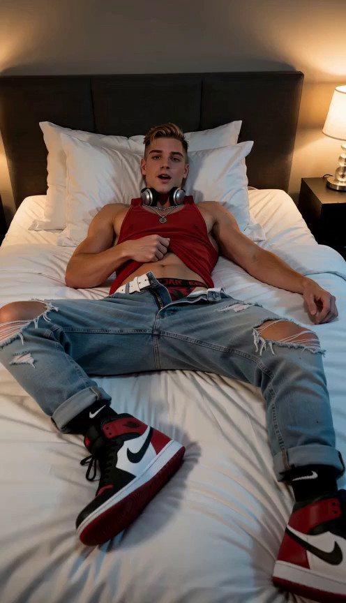 18+, hot blonde jock with buzzed blonde hair, green eyes, wearing red and bla…