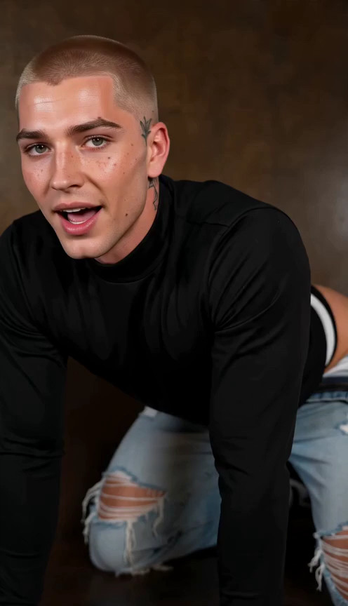 An 18+ blonde with freckles, buzzed hair, green eyes, wearing ripped light bl…