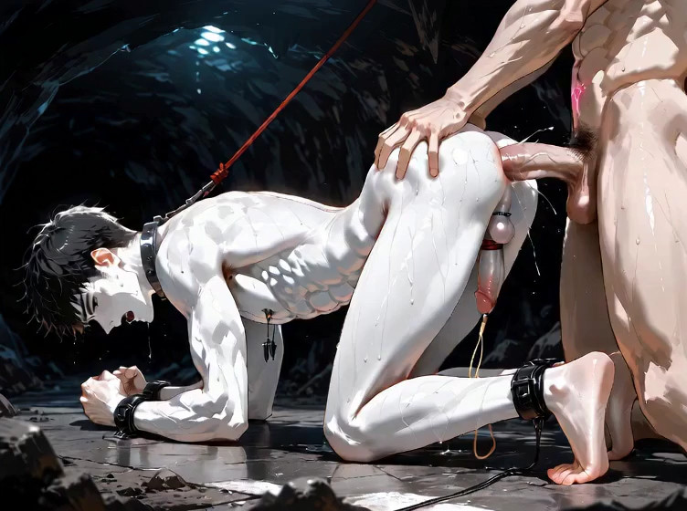 A human male is being subjected to a . Anal sex. The man has his and his body…