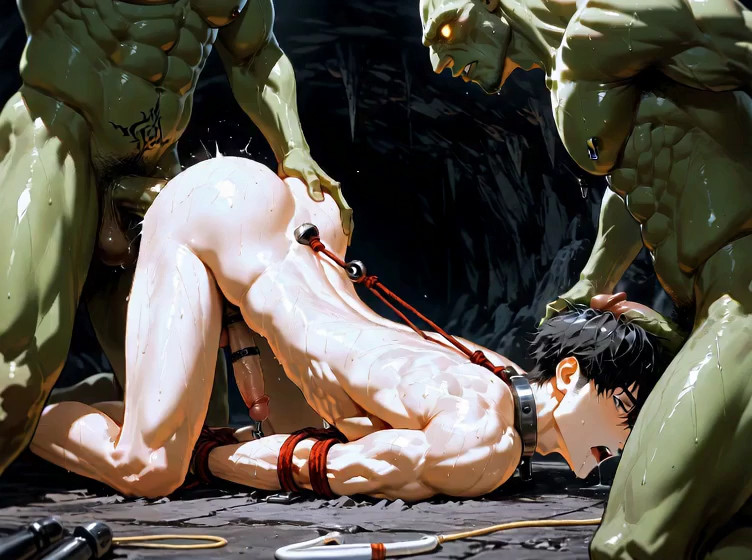A human male is being subjected to a by orcs. An orc fucks him while slapping…