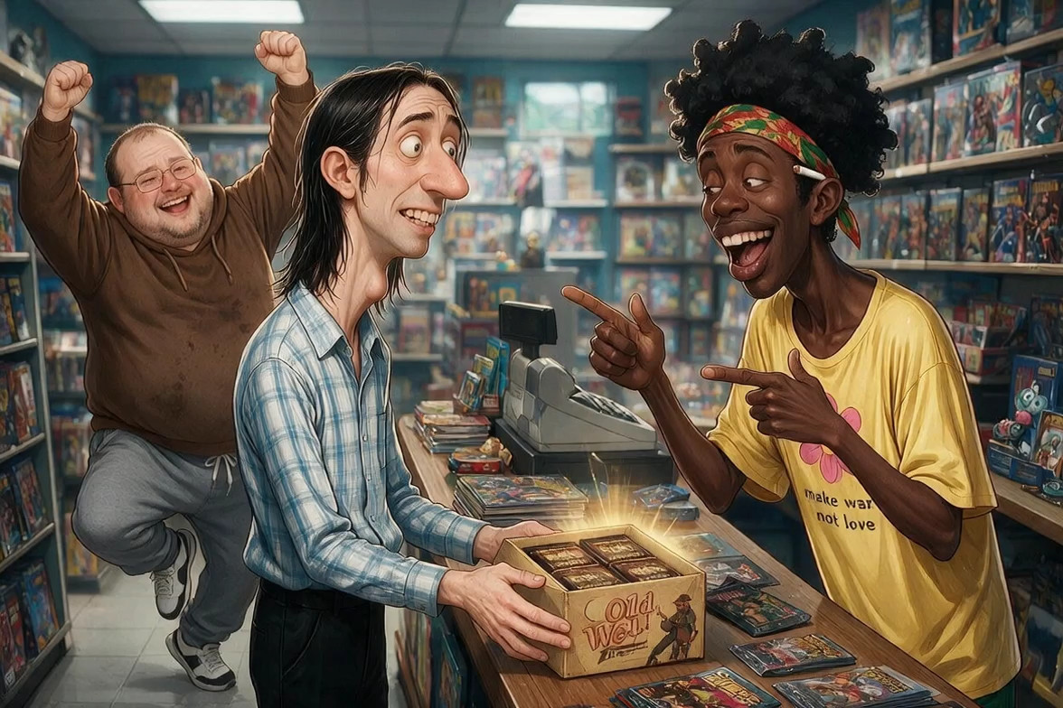 A full-color, semi-realistic animated scene inside a comic book store. The ta…