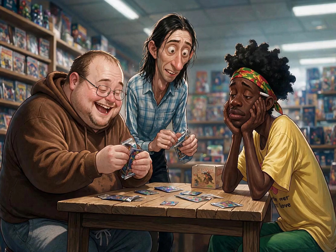 A full-color, semi-realistic animated scene inside a comic book store. All th…