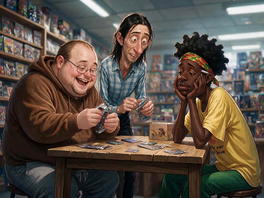 A full-color, semi-realistic animated scene inside a comic book store. All th…