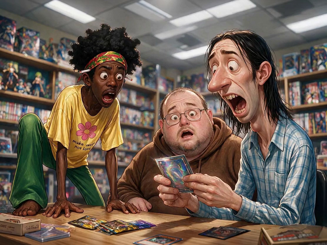 A full-color, semi-realistic animated scene inside a comic book store. The ta…