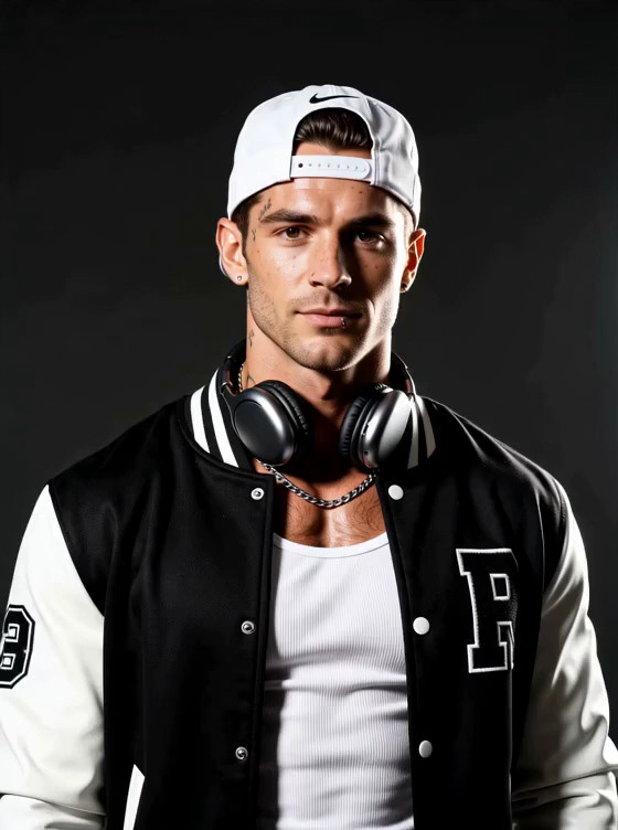 18+ man, white Nike hat on backwards, strong jaw line with facial hair and fr…