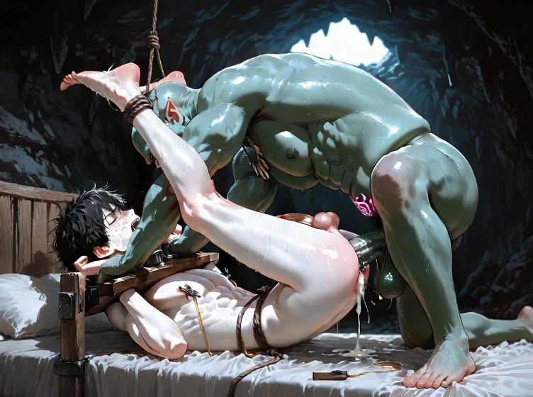 An orc is sodomizing a human male. A goblin approaches, watches the scene, an…